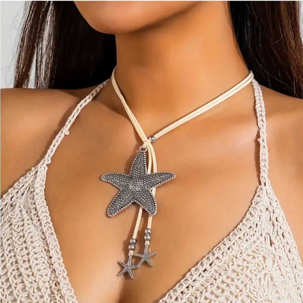 Antique Silvertone Starfish Lariat Necklace